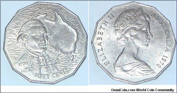 50 Cents Q Elizabeth II.Commemorative to celebrate 200 years of Discovery of East Coast of Australia by Captain James Cook.
