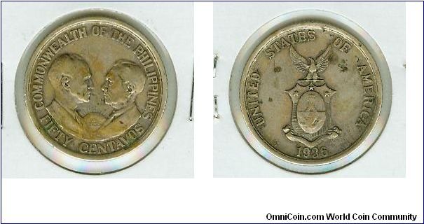 This is a 1936 Commemorative Fifty Centavo issue of the historic meeting between Presidents Wilson/Quezon, and books for over $45. in EF. This one is somewhere VF and EF. Original Uncleaned condition.