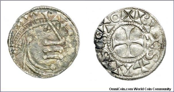 Denier of Blois,Eudes II 996-1037.
Obv: Abstract portrait.
Rev: Cross with the inscription, +BLESANIS CSTO
1.06 g