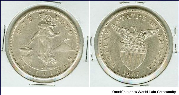 This is a Very Pretty 1907s One Peso in AU condition. I have MANY of these in VF to AU.