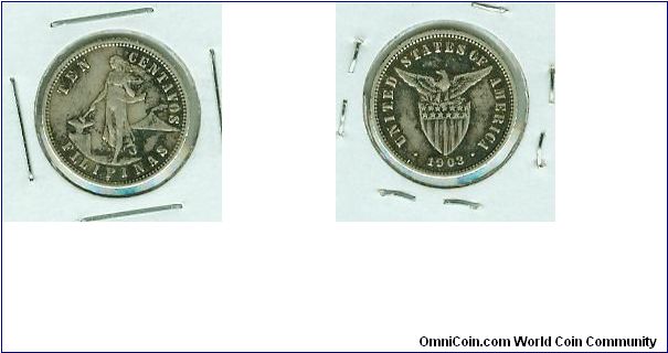 These 10 Centavos coins are about the same size as our dime. REALLY hard to find these in grades above VF, due to the delicacy, low mintages and heavy circulation. Just 5M minted. The 1903s mint has completely eluded me! Only 1.2M minted, but darned if i can find one! I do have an extra 1903P if you're interested...