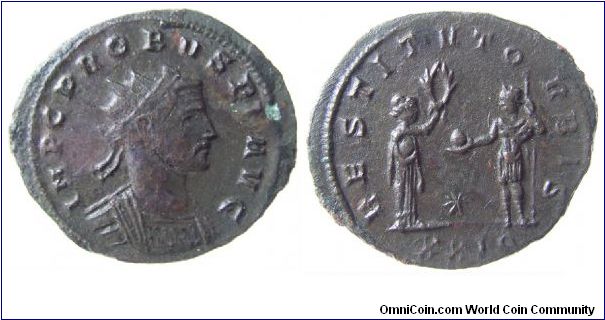 Probus AD 278. Obv: IMP C PROBVS P F AVG, radiate bust right. Rev: RESTITVS ORBIS, Female presenting wreath to Probus holding globe and sceptre