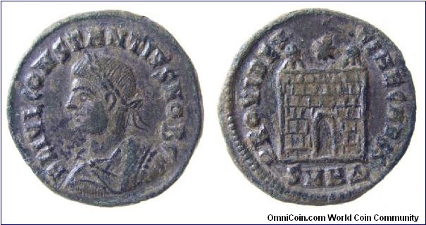 Constantine II AD324-361. Obv: FLIVL CONSTANTIVS NOB C, laureate bust left. Rev: PROVIDENTIAE CAESS, Campgate with teo turrets and star above