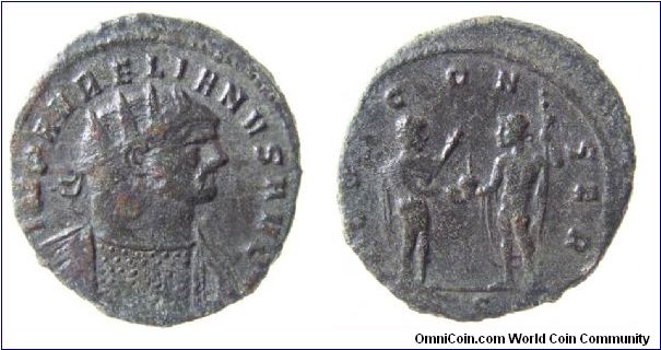 Aurelian AD 270-275. Obv: IMP AVRELIANVS AVG, radiate bust right. Rev:IOVI CONSER, Jupiter presents globe to Aurelian