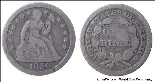 1850 dime, Liberty Seated
Stars (1838-1853, 1856-1860, 
Christian Gobrecht)