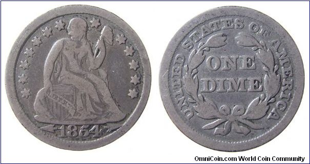 1854 dime, Liberty Seated
Arrows,(1853-1855
Christian Gobrecht)