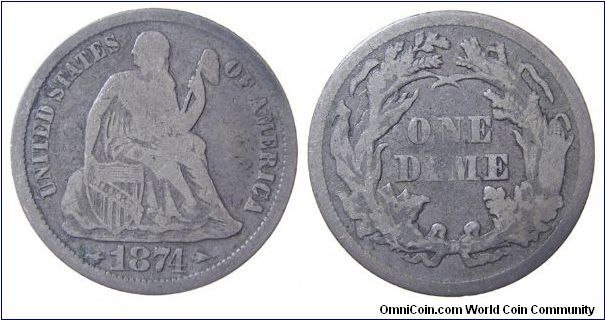 1874 dime, Liberty Seated
Arrows and Obverse legend (1873-1874, 
Christian Gobrecht)