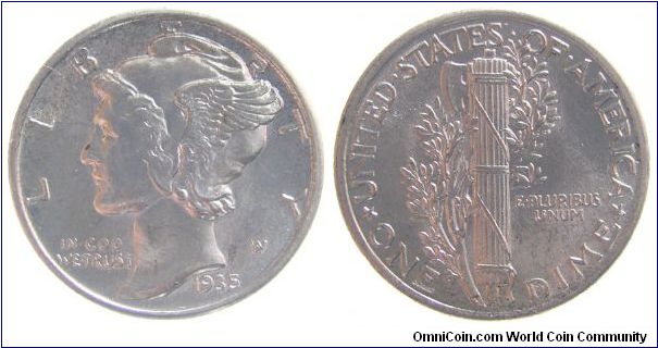 1935 dime, Winged Liberty Head
(1916-1945, 
Adolph A. Weinman)