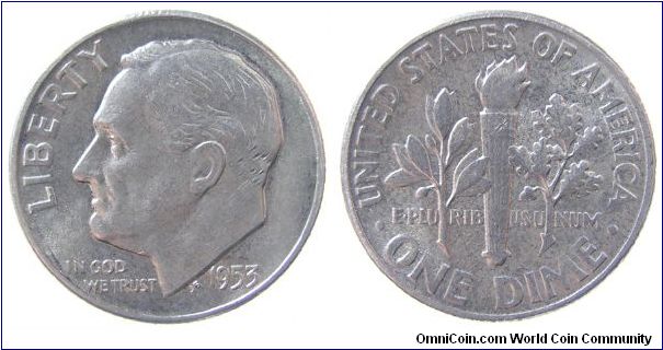 1953 dime, Roosevelt
Silver (1946-1964, John R. Sinnock)