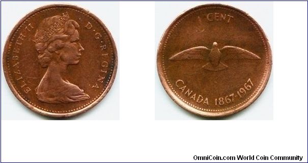 Canada, 1 cent 1967.
Queen Elizabeth II.
Confederation Centennial.