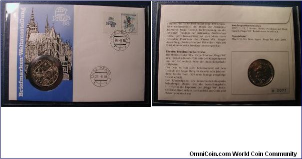 1988 Czechoslovakia 100 Korun Prague Philatelic Exposition, first day cover w/stamp.