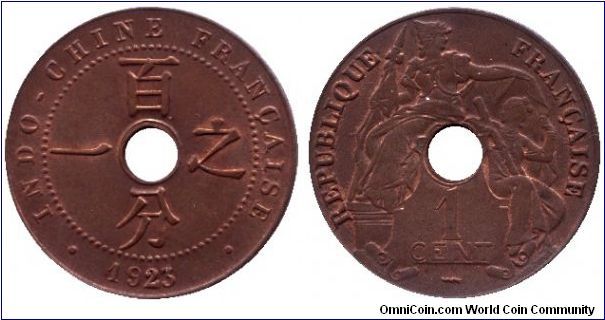 French Indo-China, 1 cent, 1923, Bronze, holed.                                                                                                                                                                                                                                                                                                                                                                                                                                                                     