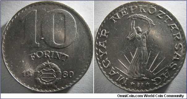 Hungary 1980 10 forint. A pretty big coin and minted in nickel-cupro if I am not mistaken.