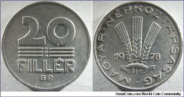 Hungary 1978 20 filler. Featuring wheats on an alumninum coin.