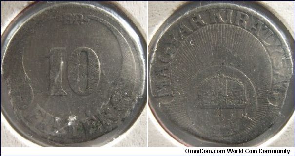 Hungary 1927 10 filler. Seems to be Ni-Cupro. Shaved edges :(