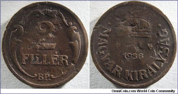 Hungary 1936 2 filler. Nicely damaged by some random people.