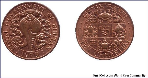 Bhutan, 10 chhertum, 1979, Bronze, Royal Government of Bhutan.                                                                                                                                                                                                                                                                                                                                                                                                                                                      