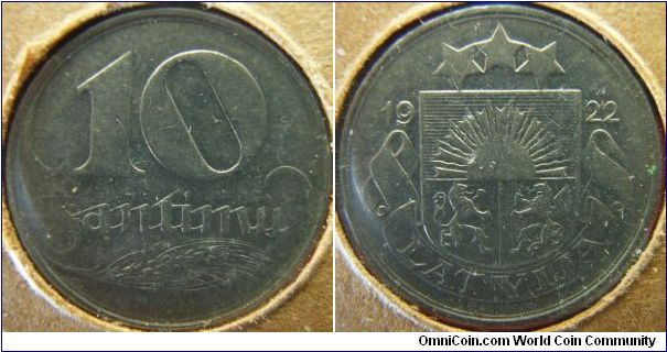 Latvia 1922 10 santimu. I'm guessing it's a nickel.