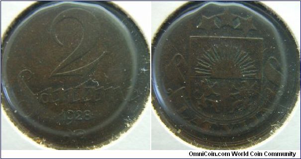 Latvia 1928 2 santimi. Somewhat VF copper coin.