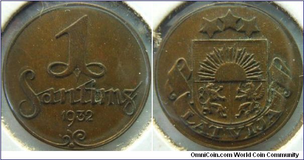 Latvia 1932 1 santims. Wow an XF coin? Pretty chocolate coin with little verdigris.