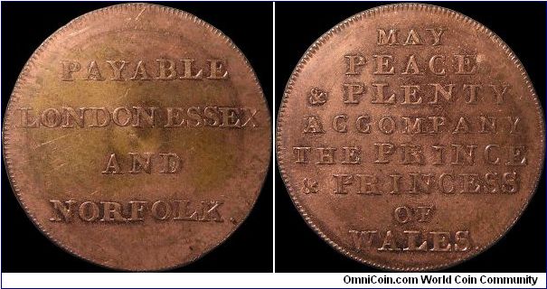 ½ Penny Conder Token.

This was issued after the marriage of the Prince of Wales. It was also made at a time when the people of Great Britain were clamoring for peace.                                                                                                                                                                                                                                                                                                                                           