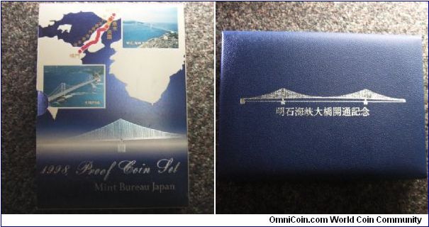 Presentation case of Japan 1998 proof set featuring Akashi-Kaikyo bridge. The bridge currently is the world's longest suspension bridge at 1991 meters which took a grand cost of 5 billion dollars+ over a period of TEN years!!!