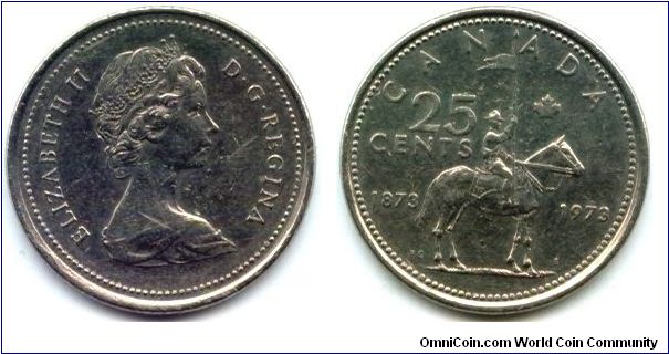 Canada, 25 cents 1973.
Queen Elizabeth II.
RCMP Centennial.