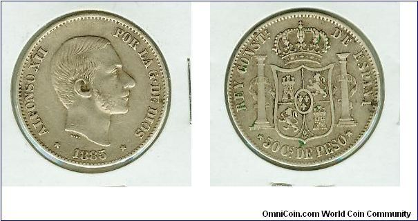 Spain-Philippines 1885 50 cs de peso of Alfonso XII. Widely circulated throughout the Philippines during the Spanish occupation. LOTS of Spanish coins available! Please check out my collection.