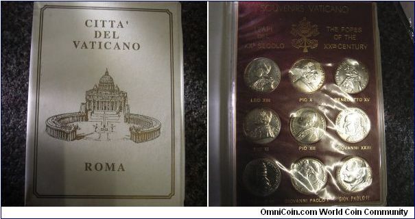 Set of Vatican City Pope medals. I got this set in 1997 if I am not wrong. I am not too sure when these were made. These are supposed to be uncirculated but for some reason they were toned and tarnished etc when I bought them cheap. But even said that, the original price tag is 95,000 ITL (yes, Italian lira) and that is around 55USD. I don't quite remember how much cheaper I got it for.

Notice how each medals have a proud text Italy. (lol)