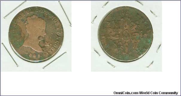 This is a RARE date 1843 Isabel 2, 2M (marvedis0 copper coinage, which was circulated in the Philippines during the Spanish occupation. MANY of these are, or Look to be sea-salvaged. Copper coinage never did fare well in the Phils, due to the high heat and humidity. VERY hard to find these coppers in high grades.