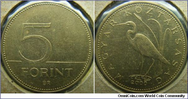 Hungary 2000 5 forint. Featuring a stork at a waterbank (?)