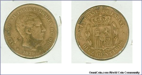 Spain-Philippines 1879 Alfonso XII Diez Centimos that was widely circulated in the Philippines during the Spanish occupation.