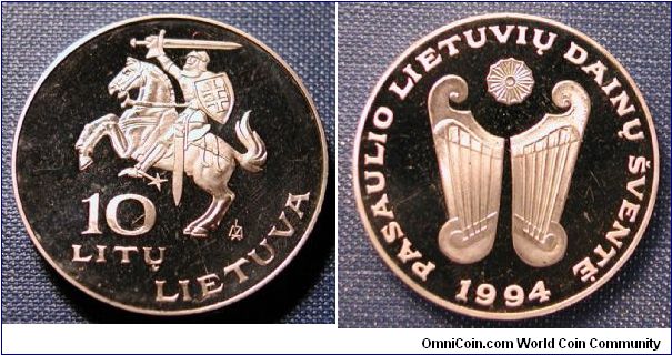 1994 Lithuania 10 Litu Proof (Impacted) International Song Fest.  Mintage 11,708