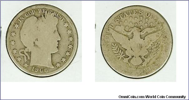 1906D Barber quarter dollar.