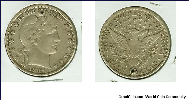 Semi-Key 1902s Barber Quarter with EF+ details. Can you imagine someone putting a hole in this beautiful coin? $&@#%%(&^##@! Beautiful, sharp, Full details!

The Igorot tribe of the Northern Cordilleras in Benguet Province had (STILL have) the habit of putting holes in silver coins to wear as jewelry, and for good luck. Nearly ALL of the smaller Spanish coins found here in this area are holed'.