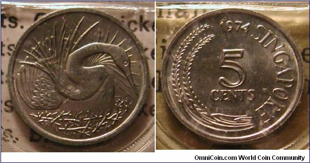 1974 Singapore 5 Cents in Mint Set.  Snake bird in nest displaying it's feathers.  Cu-Ni.