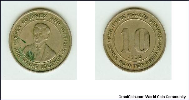 This is a fairly Scarce 1930 TEN Centavos coin from the CULION LEPER COLONY.