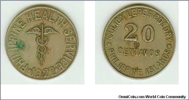 CULION LEPER COLONY Twenty Centavos CURVED WING VARIETY. VERY RARE and VALUABLE!