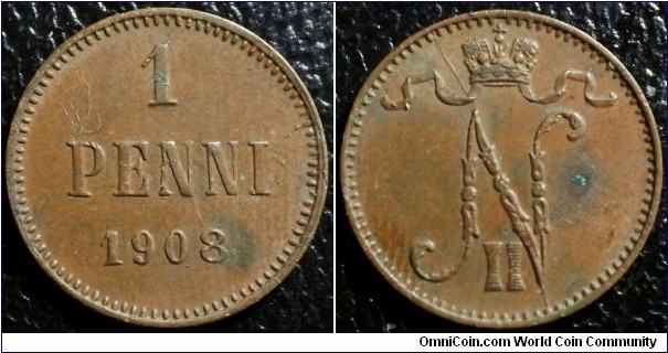 Finland 1908 1 penni.
Nice condition! (except for the greed spot...) Weight: 1.31g