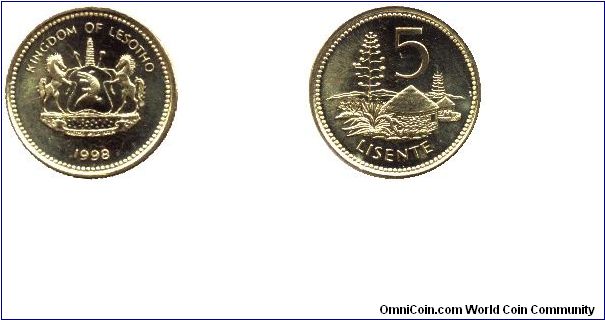 Lesotho, 5 lisente, 1998.                                                                                                                                                                                                                                                                                                                                                                                                                                                                                           