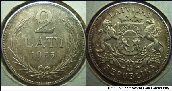 Latvia 1925 2 lati. VF+/XF-
