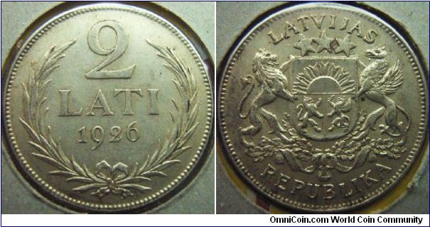 Latvia 1926 2 lati. aUNC / XF+++