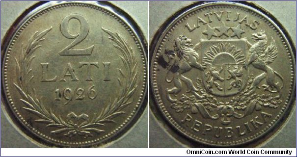 Latvia 1926 2 lati. aUNC / XF+++ details but with black resdues.