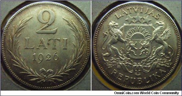 Latvia 1926 2 lati. aUNC with little marks - nice!
