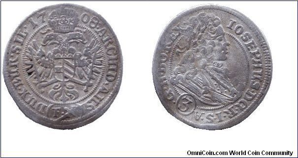 Silesia, 3 kreuzer, 1708, Ag, MM: FN (Breslau), Emperor Joseph I.                                                                                                                                                                                                                                                                                                                                                                                                                                                   