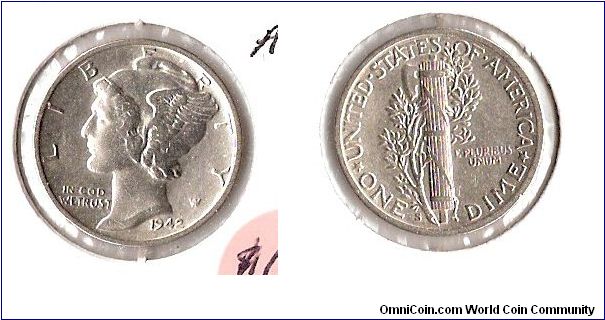 1942 U.S. Mercury Dime.