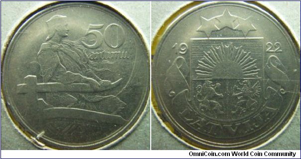 Latvia 1922 50 santimu. Again one of the weakly struck nickel coins but this coin shows a full strike that shows the engraver's name quite clearly. A few marks here and there.