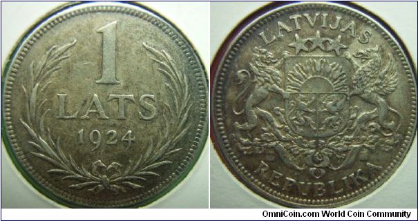 Latvia 1924 1 lats. Lightly toned. XF-