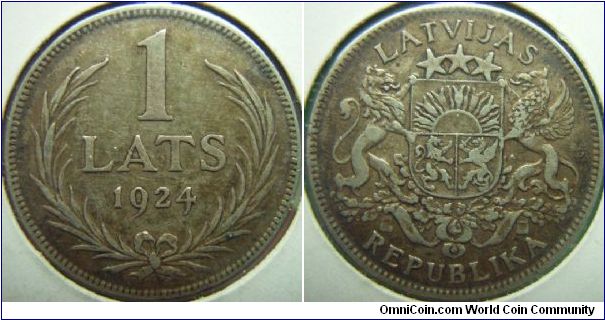Latvia 1924 1 lats. VF+ from slight wear.