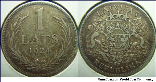 Latvia 1924 1 lats. VF+ from slight wear.